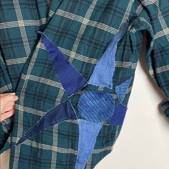 Handcrafted Sewn Green Flannel Denim Sun Print Unique Shirt Size M - Picture 3 of 7